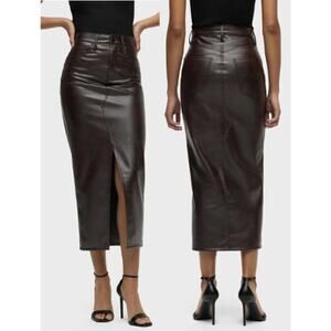 Hudson Collection Marbled Vegan Leather Reconstructed Midi Pencil Skirt Brown 32